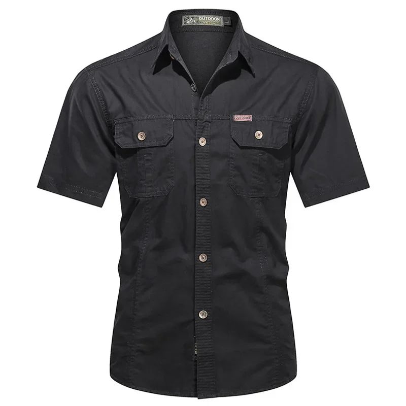 Men's Streetwear Casual Button Down Military Cargo Shirt Short Sleeve Cotton Dress Shirts For Hiking Fishing Golf Polos Shirts