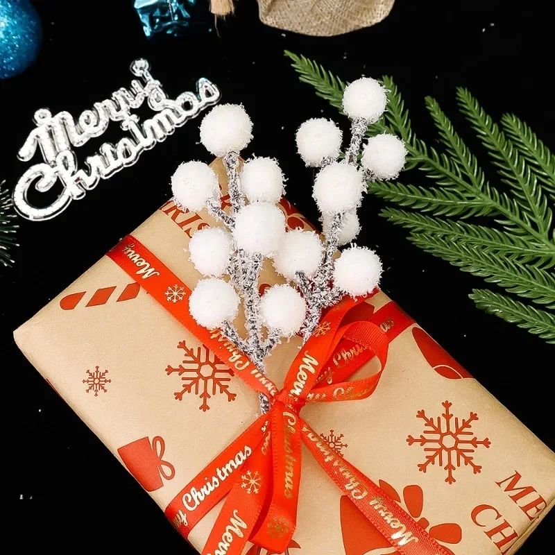 5/50pcs Christmas Snow Tipped Berry Branches Artificial White Berries Fake Flower DIY Wreath Xmas Tree Wedding Party Decoration