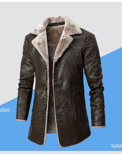 Men's Winter Faux Leather Casual Windbreak High Quality Coat Fur Lined Button Trench Coats Men's Down Lapel Collar Jackets