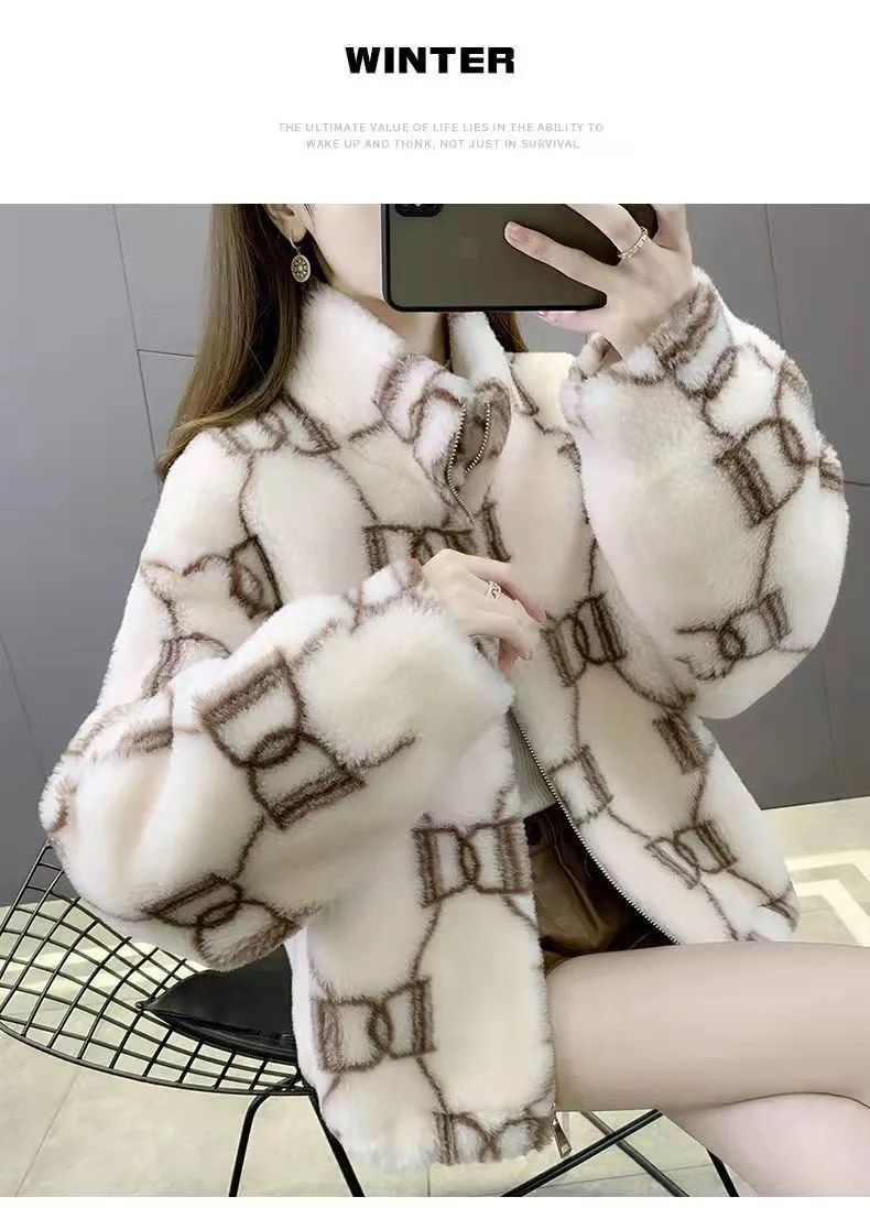 Ladies Thickened Cotton Lamb Fur Jacket Korean Style Winter Outerwear Loose Versatile Trendy Coat Warm Comfortable Soft Material