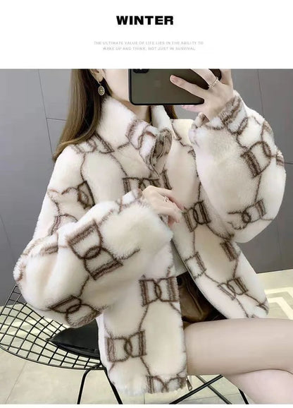 Ladies Thickened Cotton Lamb Fur Jacket Korean Style Winter Outerwear Loose Versatile Trendy Coat Warm Comfortable Soft Material
