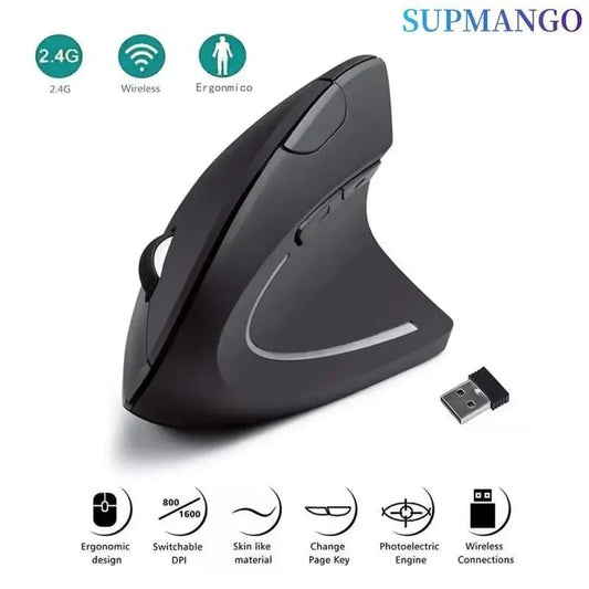 Mouse Óptico Sem Fio Vertical Ergonômico 2,4 GHz, 3 Níveis de DPI Ajustáveis 800/1200/1600, 6 Botões para Notebook PC Computador de Mesa