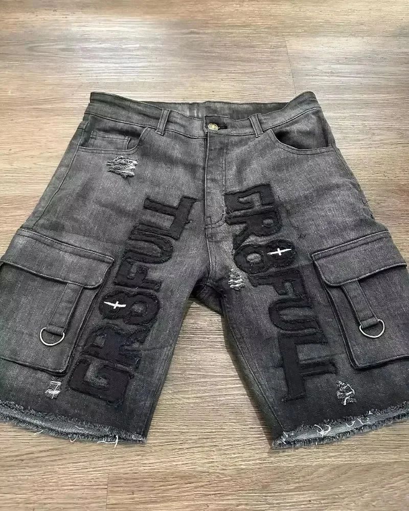 American Fashion Hip Hop Embroidered Denim Shorts Men Street Y2K New Casual Vintage Loose Jeans Unisex Harajuku Punk Rock Shorts