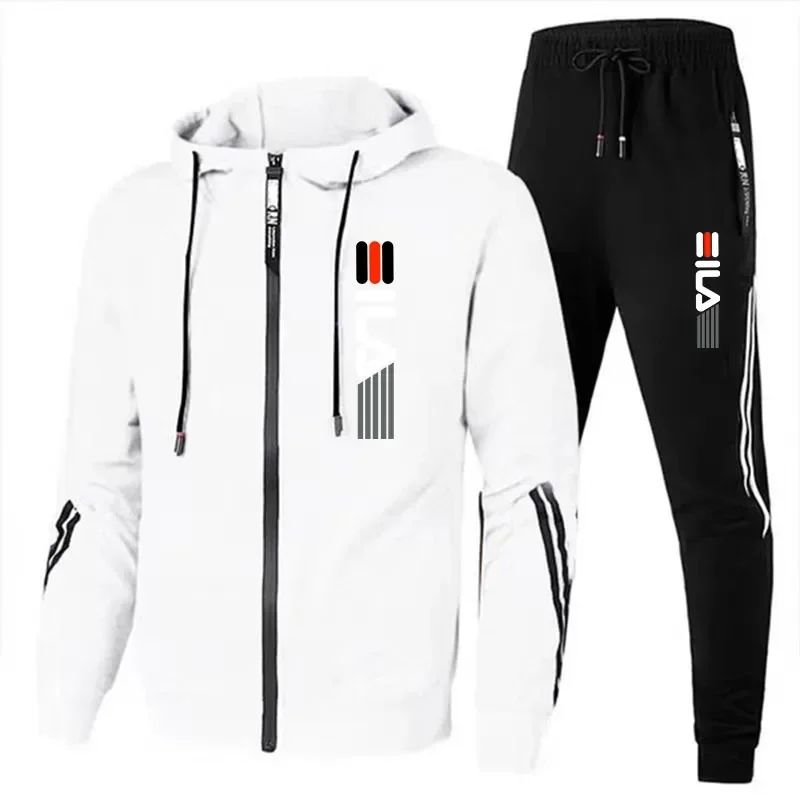 New striped men's autumn and winter jogging fitness set, casual sportswear set, 2-piece zippered sweatshirt + sweatpants set