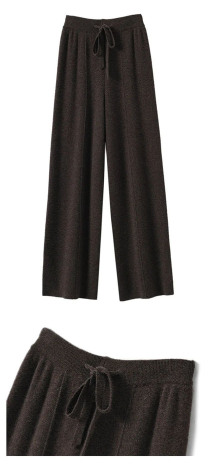 High Waist Wide Leg Pants Mid-Seam Knitted Trousers Drawstring Waist Belted Floor-Length Pure Color Versatile Autumn Winter Casu