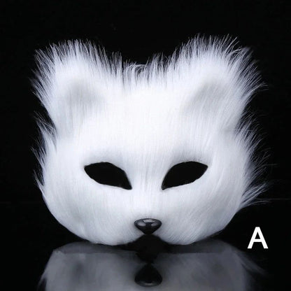 QQ Fluffy Fur and Face Mask Cosplay Halloween Fox Shape Half Face Eye Mask Sexy Cat Hair Animal Mask Christmas Carnival Party Co