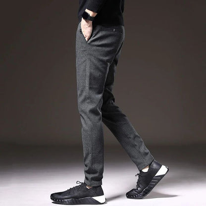 Autumn Winter Men Thermal Office Pants Straight Narrow Leg Classic Casual Pants Drawstring Tie Up Design Thicken Fleece Trousers