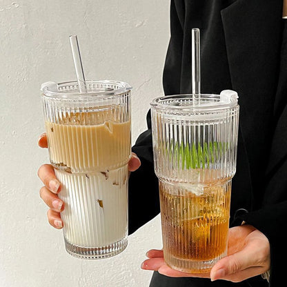 Copo de Café de Vidro Listrado 600ML com Tampa e Canudo Copos Transparentes para Suco Leite Chá Canecas de Café Gelado Utensílios para Beber