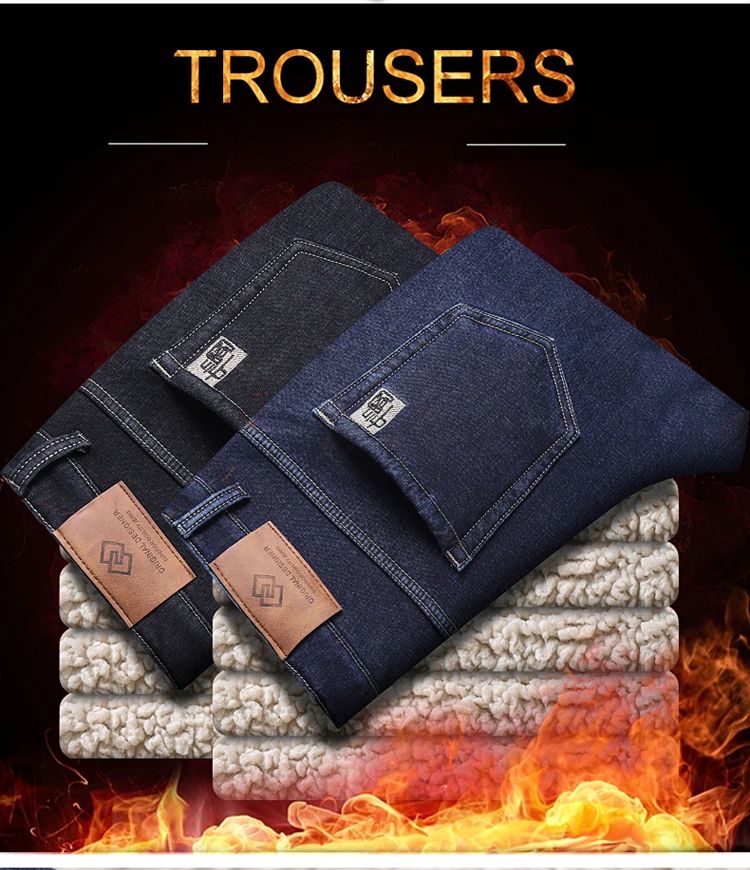 Calça Jeans Masculina de Lã Aveludada, Inverno, Forrada com Lã Grossa, Casual de Negócios, Reta, Jeans, Macia, Confortável, Térmica, Elástica, Calças Masculinas
