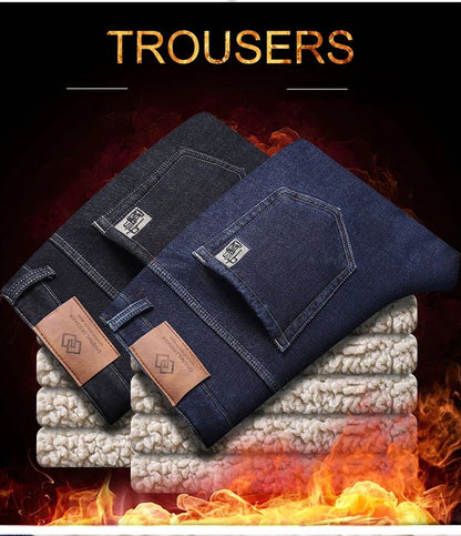 Calça Jeans Masculina de Lã Aveludada, Inverno, Forrada com Lã Grossa, Casual de Negócios, Reta, Jeans, Macia, Confortável, Térmica, Elástica, Calças Masculinas