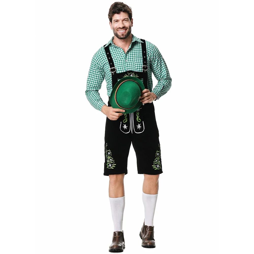 Men Traditional Bavarian Beer Shorts Outfit Overalls Shirt Hat Suspenders Set Germany Oktoberfest Costumes Halloween Costume