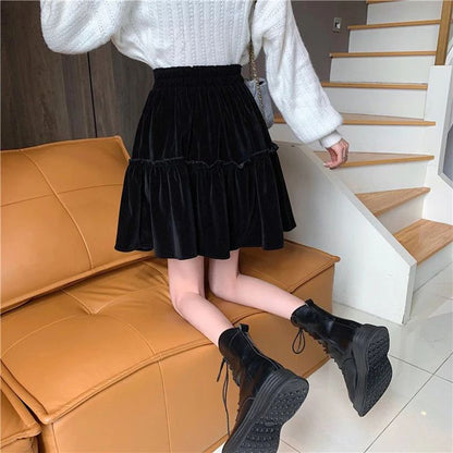 Black Velvet Patchwork Mini Skirt Women Sweet Solid A Line High Waist Skirt Fashion Pretty Style Pleated Summer Student Skirt