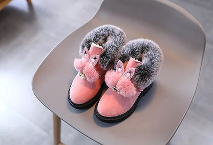 Winter Girls Boots Princess Snow Boots Leather Sport Shoes For Girl Children Warm Boots Fashion Soft Bottom Kids Sneakers