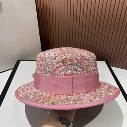 Chapéu jacquard estilo socialite europeia delicado e elegante com pérolas, chapéu de tweed rosa, chapéu de festa feminino da moda