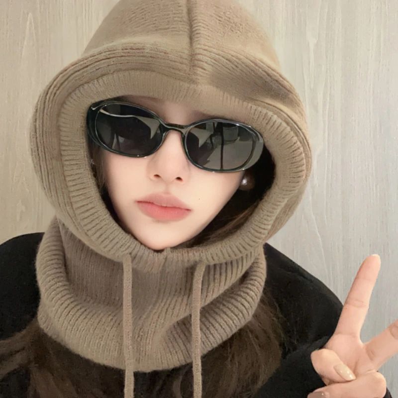 Knitted Hooded Caps Winter Balaclava Hats Women Korean Style Outdoor Warmer Drawstring Hats One-piece Neck Collar Beanies Cap