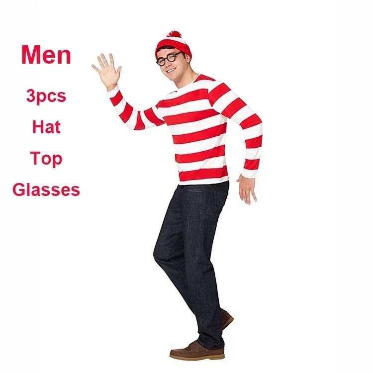 Wheres Waldo Striped Shirt Youth Boys Wally Costume Shirt Glasses and Hat Socks Unisex Adults Carnival Cosplay Costume