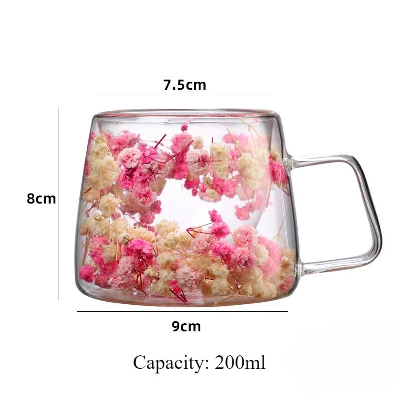 Copo de Vidro de Parede Dupla 200ml Transparente com Padrão de Flores Caneca de Chá Leite Café com Alça Presente para Amigos Copo de Água para Casa