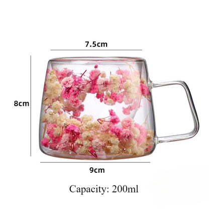 Copo de Vidro de Parede Dupla 200ml Transparente com Padrão de Flores Caneca de Chá Leite Café com Alça Presente para Amigos Copo de Água para Casa