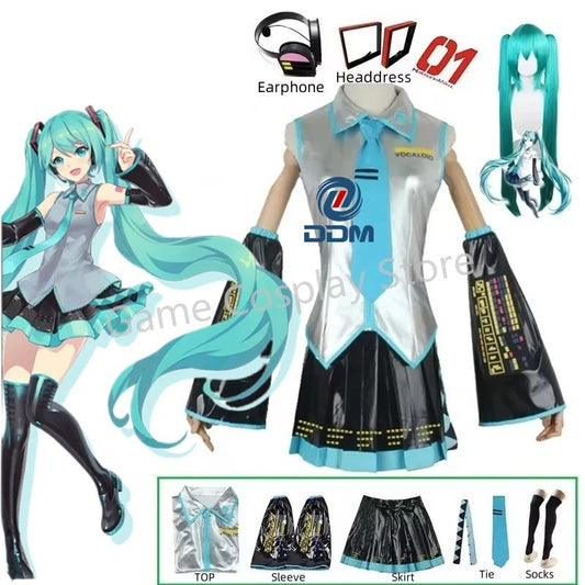 Miku Cosplay Silver Leather Fabric Suit Hatsune Miku Cosplay Headwear Costume JK Sailor Dress High School Halloween Uniform Wig
