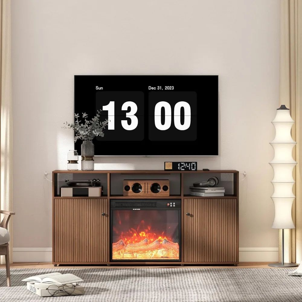 Mid Century Modern Electric Fireplace, TV Stand for Living Room and Bedroom, Retro Entertainment Center for 55 60 65 Inch TVs, 5