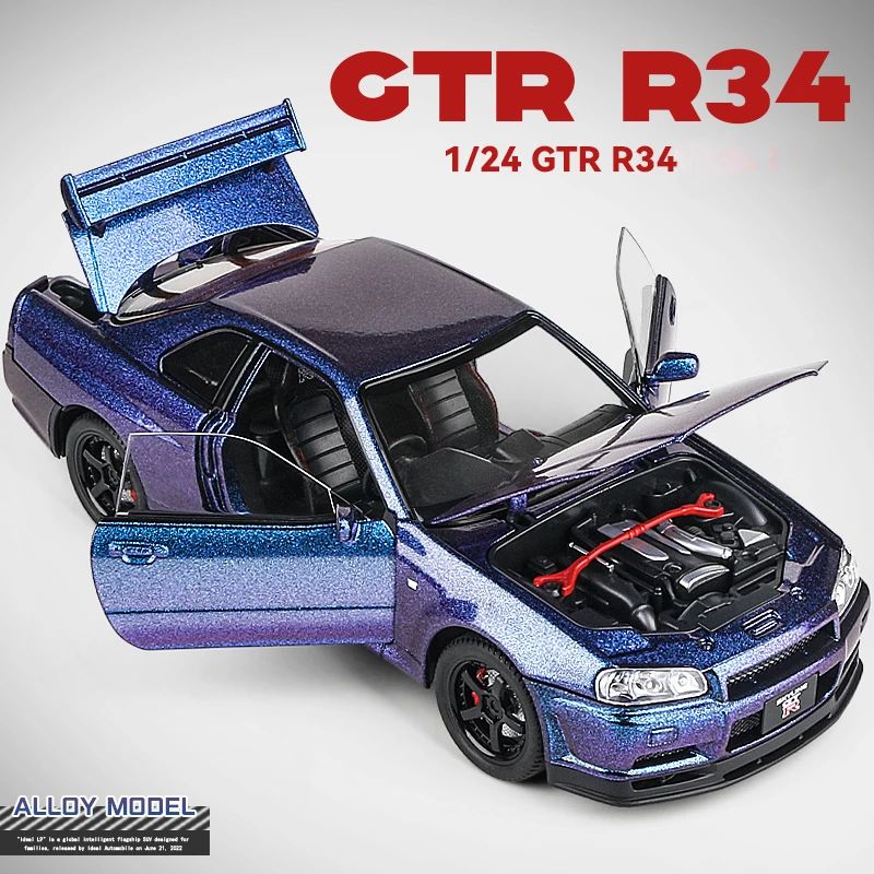 1/24 Nissan Skyline GTR-R34 Velozes e Furiosos Modelo de Carro em Liga Leve com Luz e Som Miniatura Colecionável Veículo de Brinquedo para Meninos
