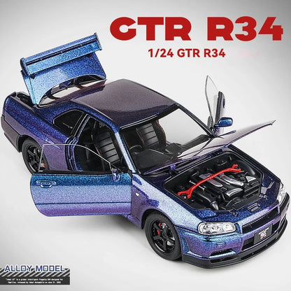 1/24 Nissan Skyline GTR-R34 Velozes e Furiosos Modelo de Carro em Liga Leve com Luz e Som Miniatura Colecionável Veículo de Brinquedo para Meninos