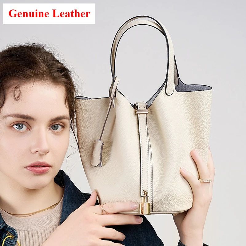 Genuine Leather Shoulder Bucket Bag Women Litchi Pattern Mini Basket Tote Soft Handbag Mommy Bride Wedding Bags with Lock