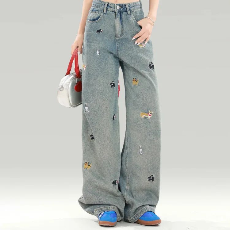 Plus Size Women's Black Dog Embroidery Loose Wide Leg Jeans High Waist Straight Cut Slimming Denim Pants Spring Autumn