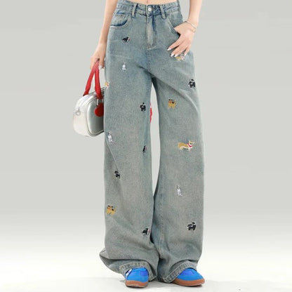 Plus Size Women's Black Dog Embroidery Loose Wide Leg Jeans High Waist Straight Cut Slimming Denim Pants Spring Autumn