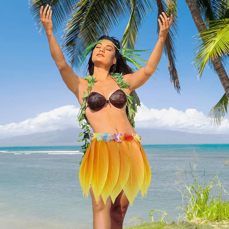 Hawaiian Tropical  Artificial Leaves Floral Boho Beach Dance Skirts Summer Short Hula Grass Party Luau Skirt Costume Sundress