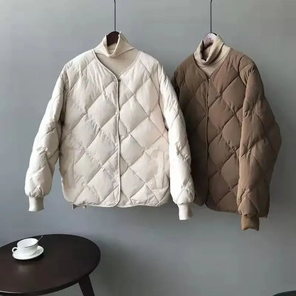 Winter Cotton-Padded Jacket for Women  Autumn New Korean Versatile Lightweight Rhombus Plaid Cotton-Padded Jacket