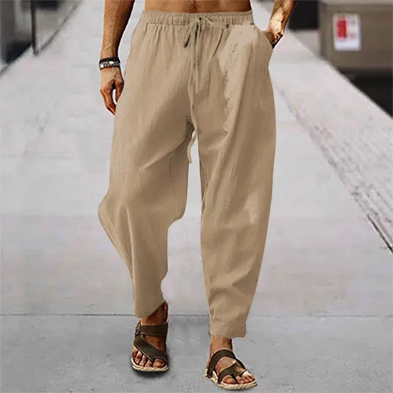 2025 Calça Masculina de Algodão e Linho Verão e Outono Cor Sólida Cintura Alta Perna Larga Calça Masculina Solta Cânhamo Casual Respirável Esportiva