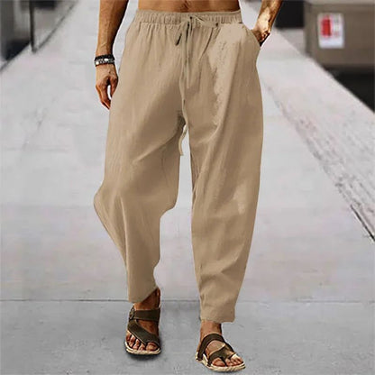 2025 Calça Masculina de Algodão e Linho Verão e Outono Cor Sólida Cintura Alta Perna Larga Calça Masculina Solta Cânhamo Casual Respirável Esportiva