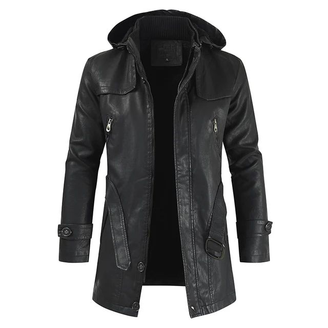 Coat Windproof Clothes Men's Hooded Long Leather coat Men's Leather Motorcycle Leather fashion Winter Korean Fashion Jacket