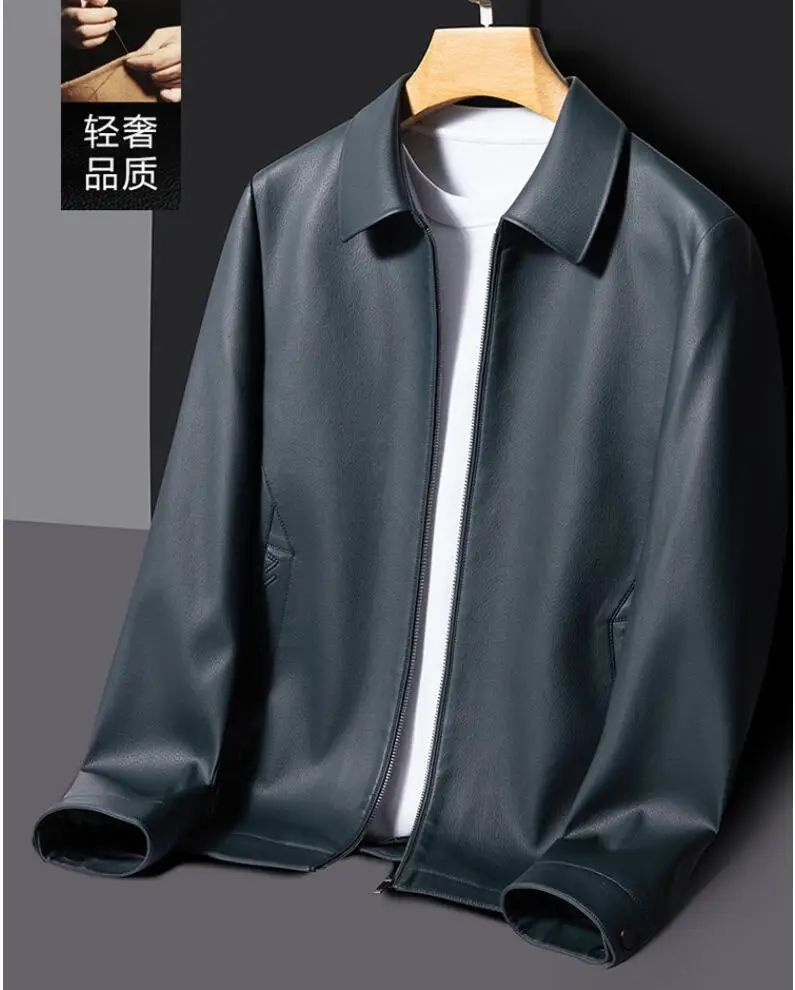 2025 Fall And Winter Models Men's Jacket Lapel Business Casual PU Leather Jacket Thin Thick Black Lake Blue