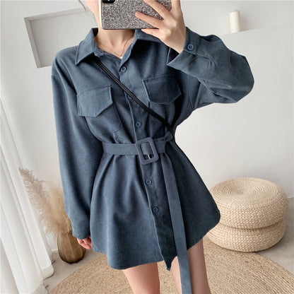 Women Spring Autumn Shirts Retro Cargo Style Pockets Long-Sleeved Shirt Puff Sleeve Bandage Nipped Waist Tops Female PL438