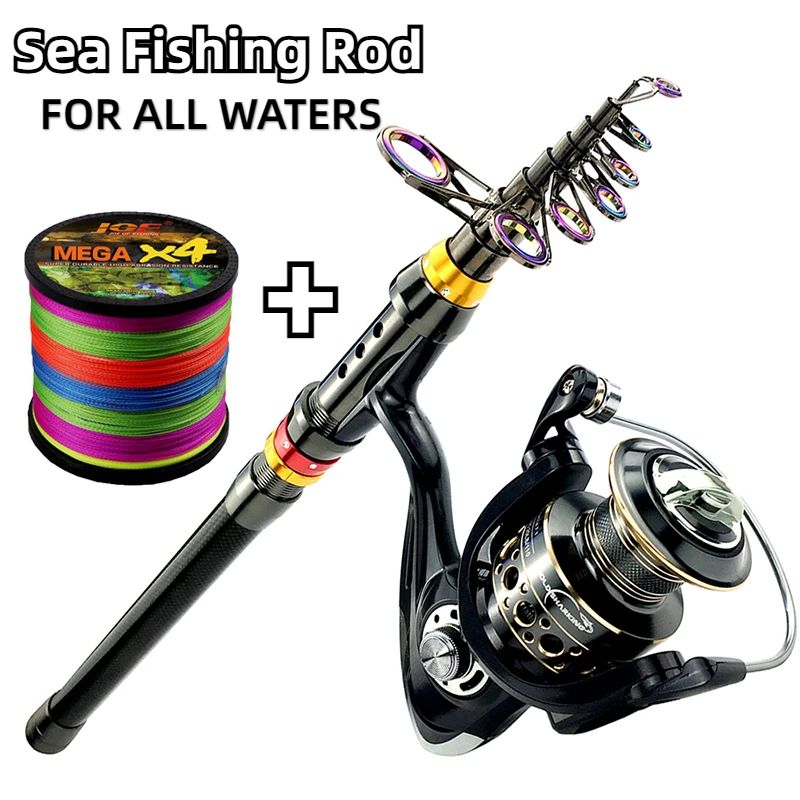 Conjunto Vara e Carretilha de Pesca Spinning 1.8-3.6m Fibra de Carbono para Pesca em Mar e Carretel de Metal com Relação de Recolhimento 5.2:1 com Linhas para Baixo e Carpa