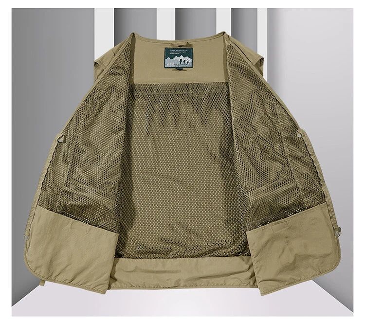 Colete Masculino de Malha com Vários Bolsos Secagem Rápida Sem Mangas Jaqueta Repórter Solto Casual Fino para Pesca Colete Masculino