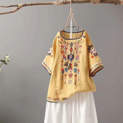 Luxury Embroidery Floral Tees Women Chinese Style Classic Loose Shirts Casual Vintage O Neck Short Sleeve Summer Blouse Tops