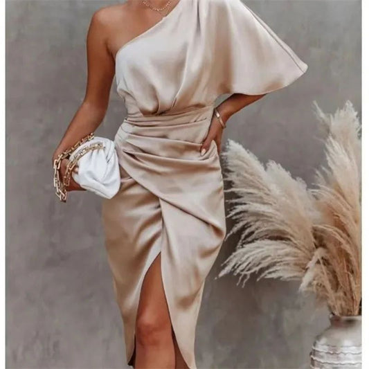 Elegant High-end Feel Women's Evening Dress Solid Color Irregular Midwaist Cross