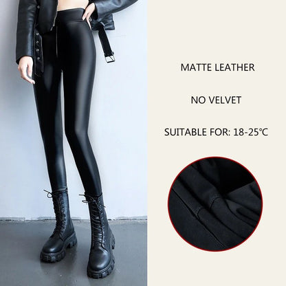 2024 Autumn Winter Velvet Thick Warm Leather Pants Women Elastic PU High Waist Leggings Black Casual Slimming Fleece Trousers