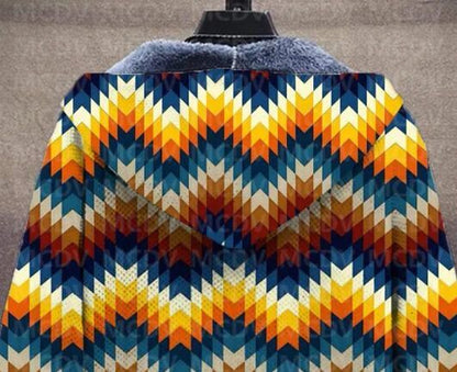 Men's Retro Print Plush Thick Long-Sleeved Coat Cardigan 3D All Over Prined Fleece Hooded Overcoat Unisex Thick Warm Jacket