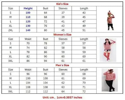 Wheres Waldo Striped Shirt Youth Wally Costume Shirt Glasses and Hat Socks Unisex Adults Carnival Cosplay Costume