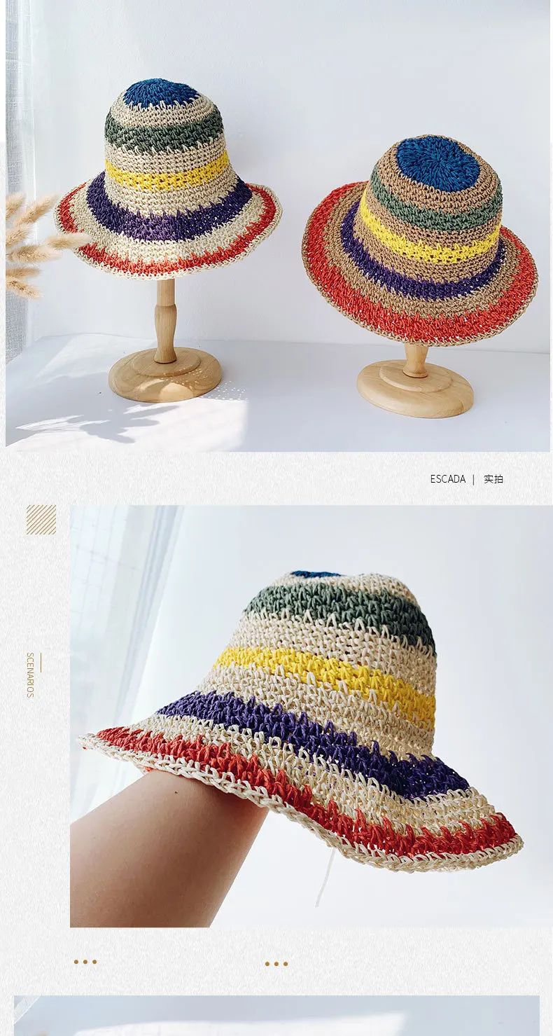 Rainbow Straw Hat Woman Summer Sun Visor Handmade Crochet Big Brim Bucket Hat Ladies Beach Sun Cap Boho Lady Girls Fashion Caps