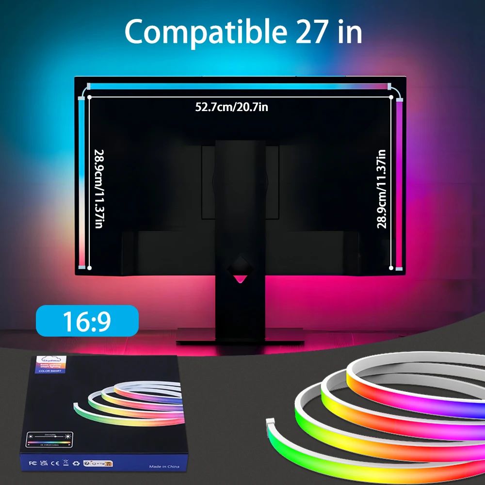 LED RGBIC Backlights PC Gaming Neon Strip Synchronized 24-34inch Monitor USB Powered 5V LED Light Sync Music RGB Ambien Lighting