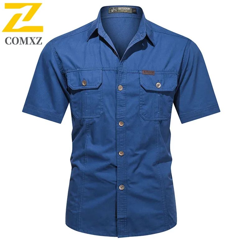 New Men's Work Shirt Casual Retro 100% Cotton Short Sleeve Flying Cargo Shirt Men's Summer Fishing Hunting Multi Pocket Shirt