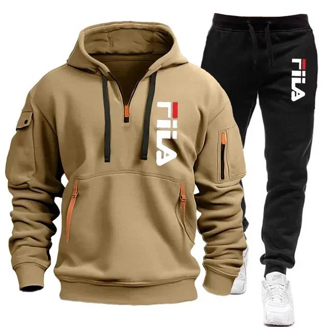 Men's set 2025 Autumn/Winter new Men's hooded sweatshirt + long pants two-piece set, outdoor multi-pocket men's pullover sportsw