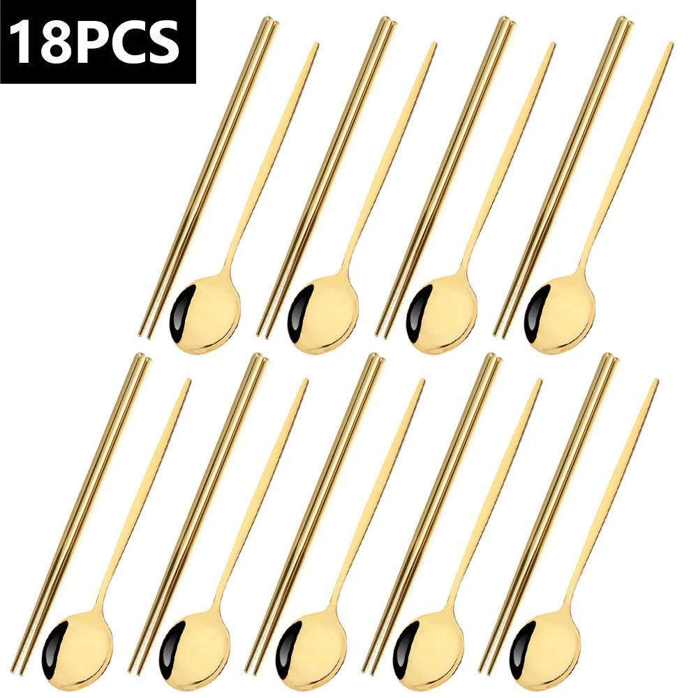 18Pcs Black Gold Dinnerware Dinner Spoons Chopsticks Cutlery Set Stainless Steel Tableware Sets Kitchen Home Silverware Set