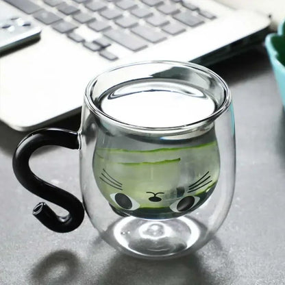 Copo de Vidro de Parede Dupla Gato Criativo 250ml com Alça Copo de Café Fofo Caneca Resistente ao Calor Utensílio de Cozinha para Escritório