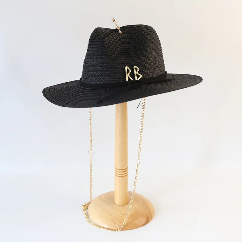 Fashionable Metal RB Letter Straw Hats for Women Men Summer Outdoor Holidays Beach Sun Hat Straw Hats for Women Fashion Panama